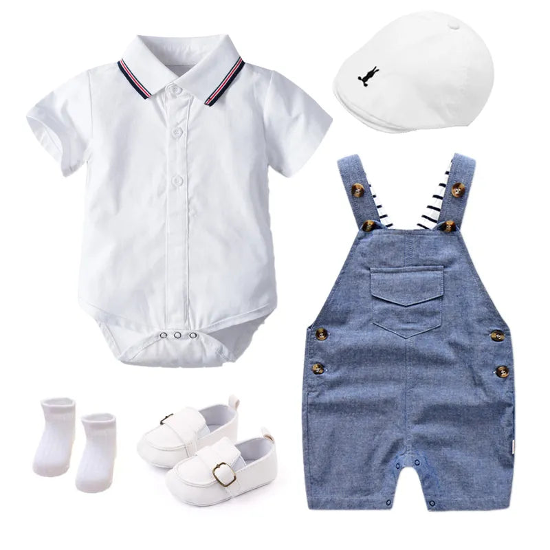 Newborn Boy Summer Baby Clothes Cotton Kids Birthday Dress White Infant Outfit Hat + Romper + Overall + Shoes + Socks 5 PCS 18M