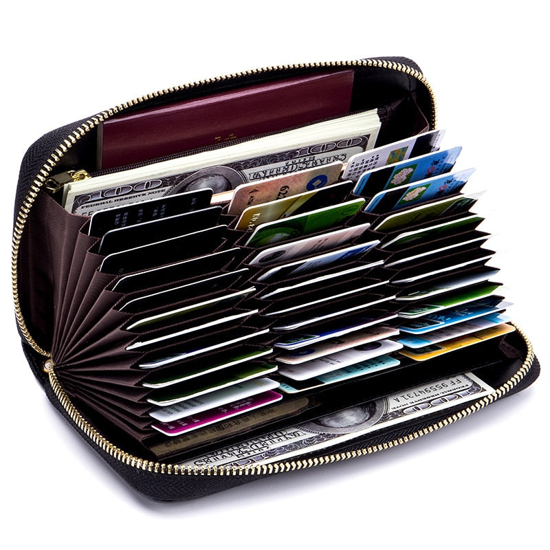 Genuine Leather Long Zipper Card Holder Wallets RFID Business Credit Card Holder Women Clutch Wallets Passport Holder Coin Purse