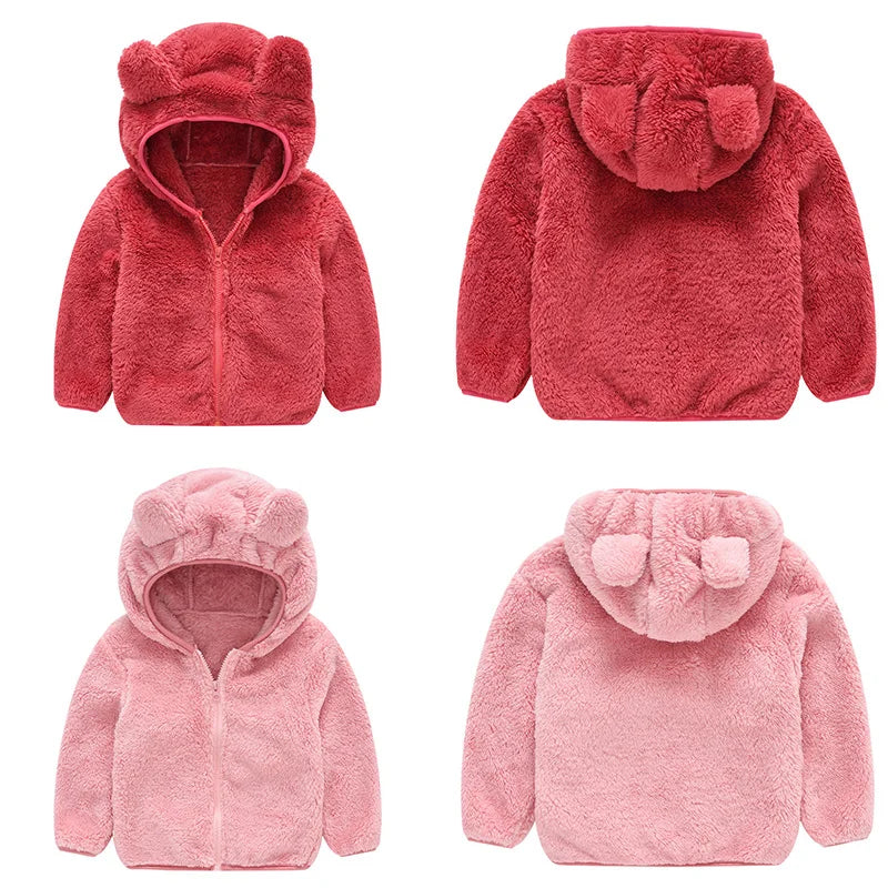 Children Clothing Coat for Girls Boys Solid Color Plush Cute Ear Hooded Jacket Autumn Winter Warm Cotton Christmas Kid Outerwear