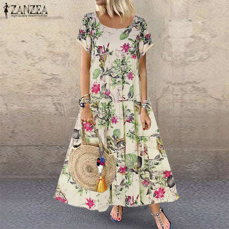 ZANZEA 2023 Summer Dress Women Vintage Floral Printed Short Sleeve Sundress Ladies Bohemian Party Long Vestido Robe Loose Dress