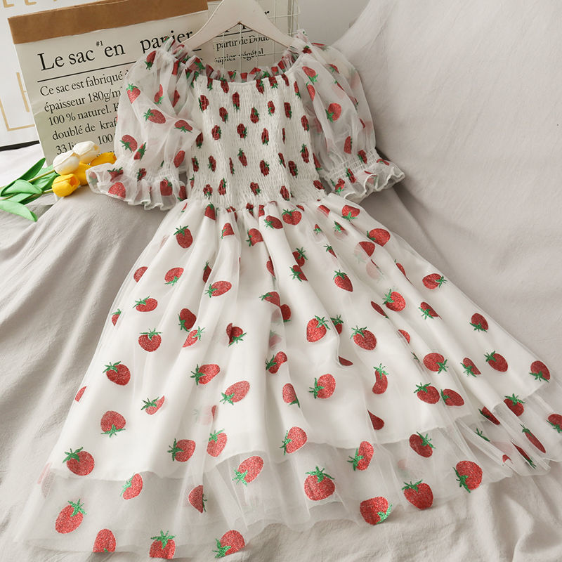 Strawberry Dress Women French Style Lace Chiffon Sweet Dress Casual Puff Sleeve Elegant Printed Kawaii Dress Women 2022 New