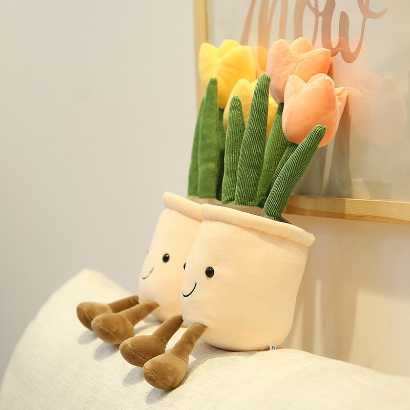 Lifelike Tulip&amp;Succulent Plants Plush Stuffed Decor Toys Soft Bookshelf Decor Doll Creative Potted Flowers Pillow for Girls Gift