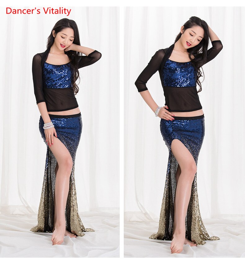 Women New Belly Dance Set  Oriental Dance Dance Competition Sequin   Costume Top+Fishtail  Skirt 2pcs gypsy skirt   costume set