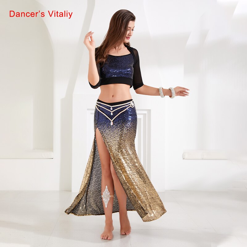 Women New Belly Dance Set  Oriental Dance Dance Competition Sequin   Costume Top+Fishtail  Skirt 2pcs gypsy skirt   costume set