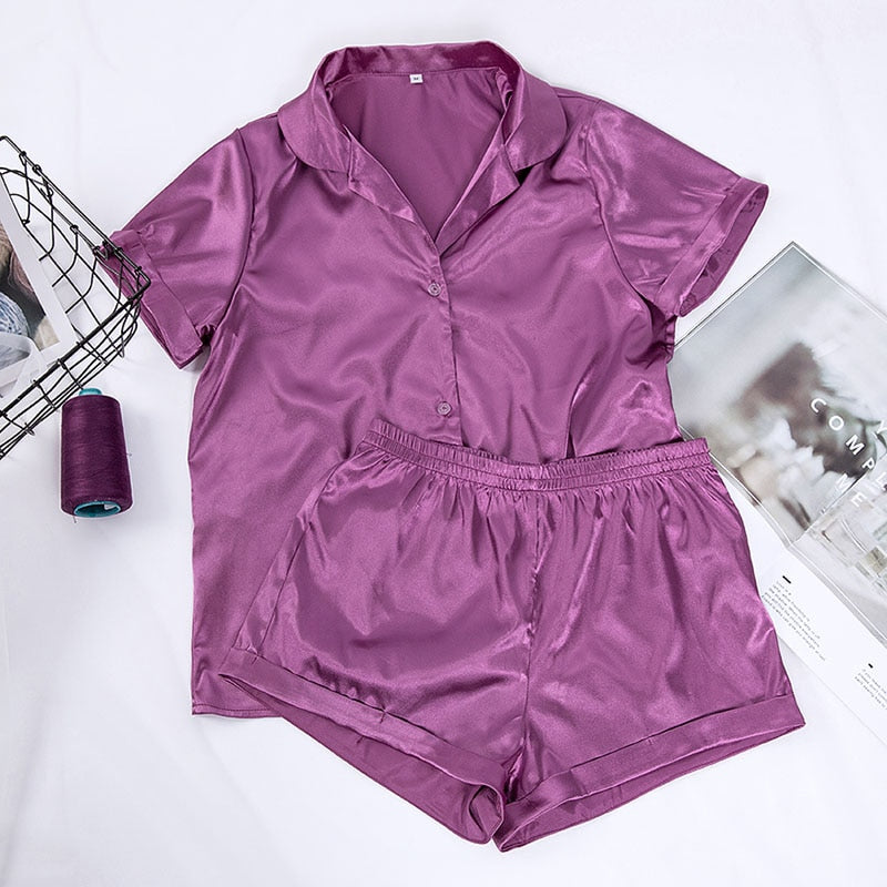 Suphis 5 Colors Satin Nightshirt With Shorts Nightwear Suit Silk Pyjama Short Sleeve Casual Pajama Sets Women Sleepwear Summer