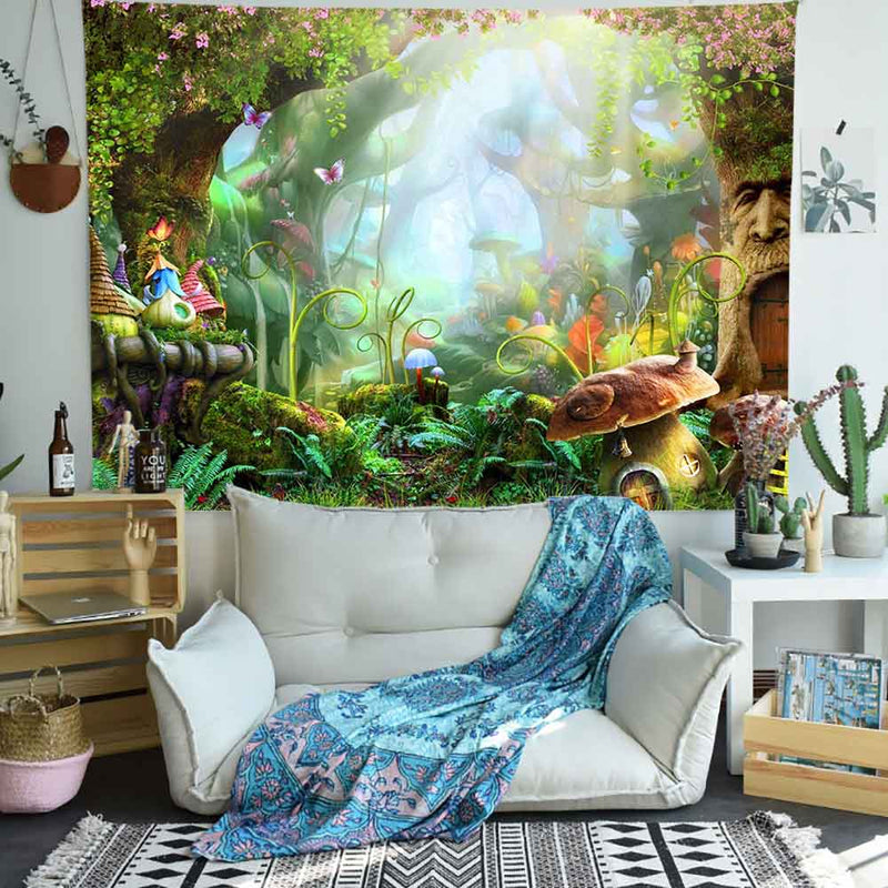 Simsant Psychedelic Forest Tapestry Mushroom Castle Fairy Tale Wall Hanging Tapestries for Living Room Bedroom Home Dorm Decor