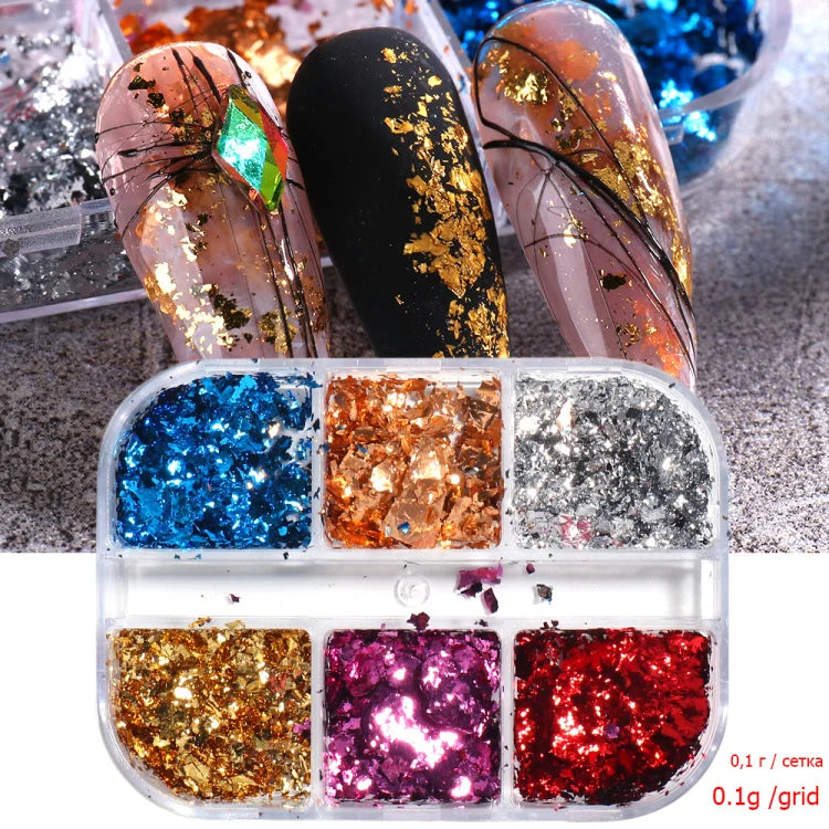 6 Grid Snow Crystal Nail Glitter Powder Sparkly Ice Chrome Flakes Reflective Thin Sequins Autumn Winter Nail Art Decoration LAXR