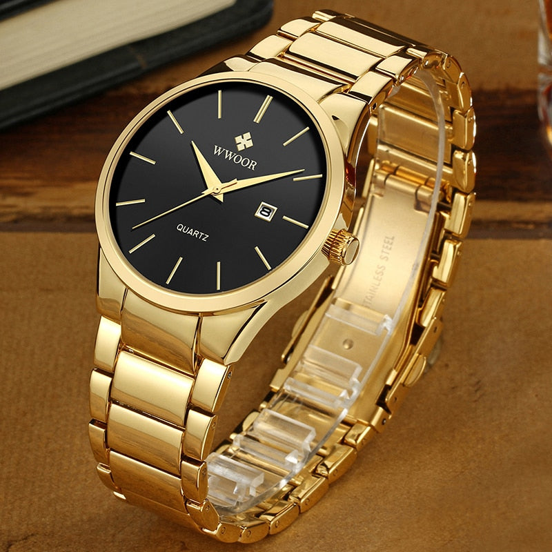 WWOOR Luxury Watch Men Business Sports Mens Quartz Wristwatches Gold Stainless Steel Waterproof Automatic Date Relogio Masculino