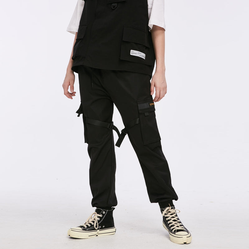 LACIBLE Hip Hop Cargo Pants Ribbons Men Black Streetwear Harajuku Techwear Tactical Pants Trousers Harem Joggers Sweatpants Punk