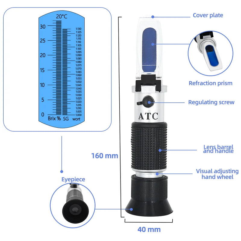 Beer Wort Refractometer 0-32% Brix Sugar Concentration Meter 1.000-1.130 Homebrew Hydrometer Saccharimeter Sugar Meter ATC