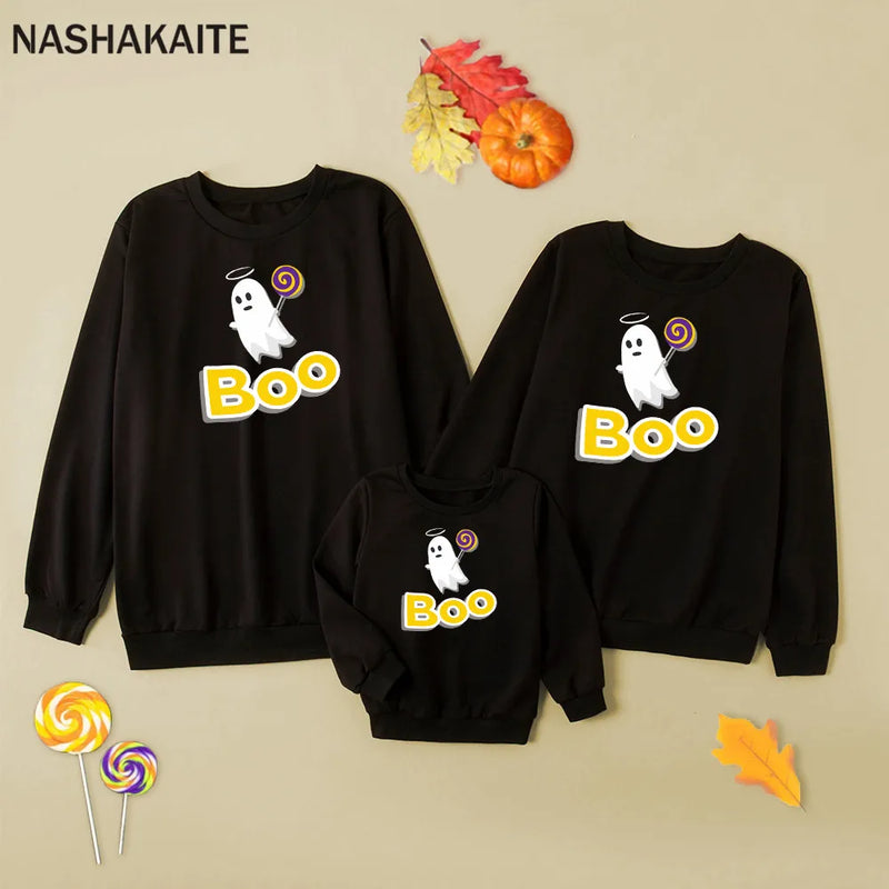 NASHAKAITE Mom And Daughter Equal Halloween Cartoon Ghost Printed Family Sweater Mommy And Me Clothes Family Matching Clothes