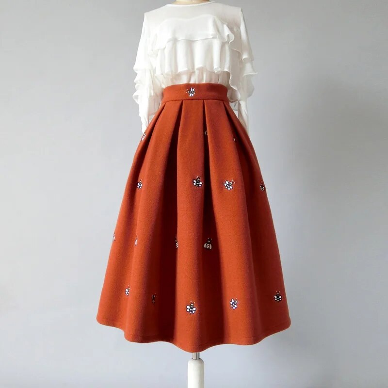 Autumn winter embroidered woolen skirt women high waist princess warm ball gown skirt