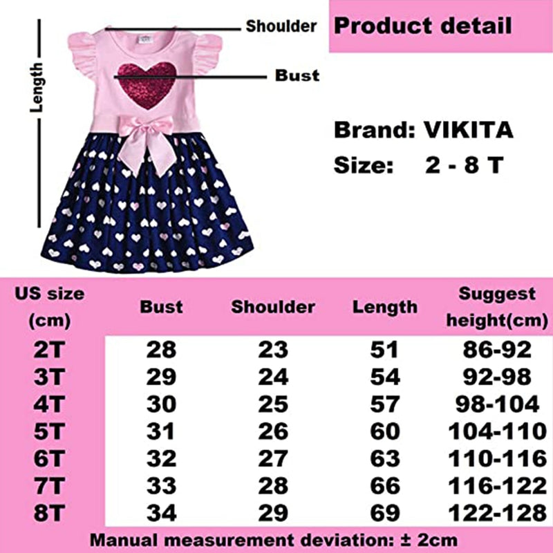 VIKITA Kids Summer Dress for Girls Toddlers Cotton Dresses Children Sequins Vestidos Girls Heart Butterfly Cartoon Dress