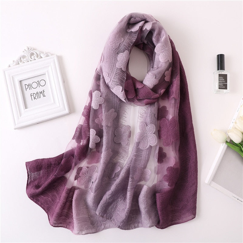 Color matching women scarf summer silk scarves for lady shawls and wraps organza Hollowed flowers beach stoles bandana foulard