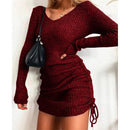 Women's Dress Knitted Drawstring Sexy Mini Dress Autumn Winter Elegant Fashion V-Neck Long Sleeve Bodycon Party Dresses Female