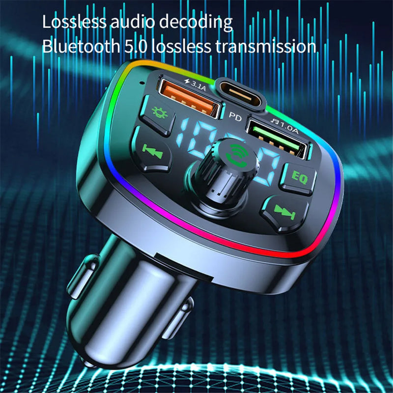 Car Bluetooth 5.0 FM Transmitter PD 18W Type-C Dual USB 4.2A Fast Charger LED Backlit Atmosphere Light MP3 Player Lossless Music