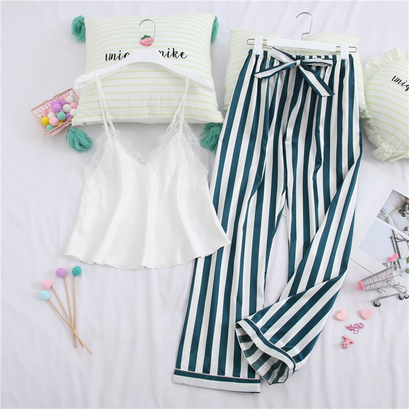 Lisacmvpnel Satin Stripe Women Pajamas Spaghetti Strap Pants Set Pyjamas