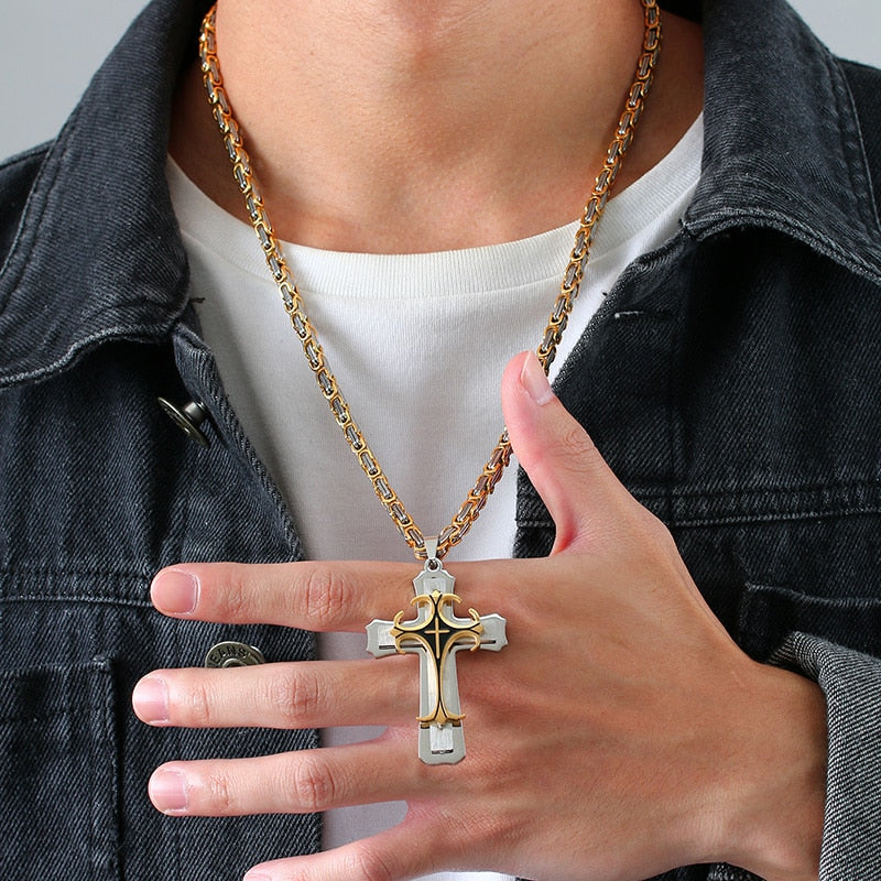 Vnox Cross Necklace For Men Byzantine Gold Color Stainless Steel Chain Catholic Crucifix Pendant Male Punk Rock Ornaments