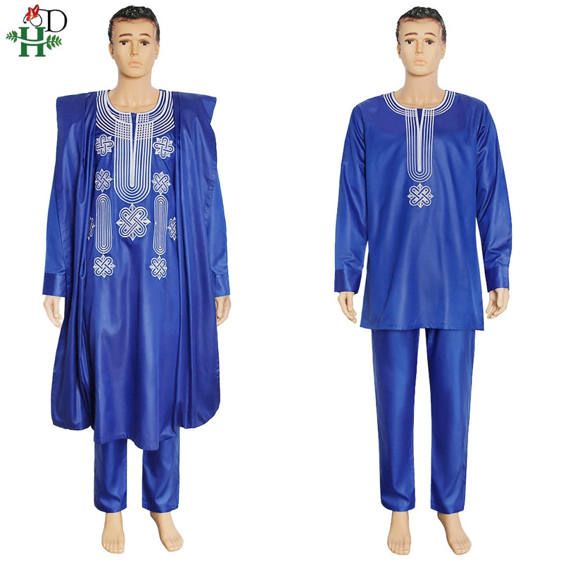 H&amp;D African Suit For Men Robe Shirt Pants Set Long Sleeve Tops Embroidery Agbada Clothes Boubou Africain Homme Traditional Robes