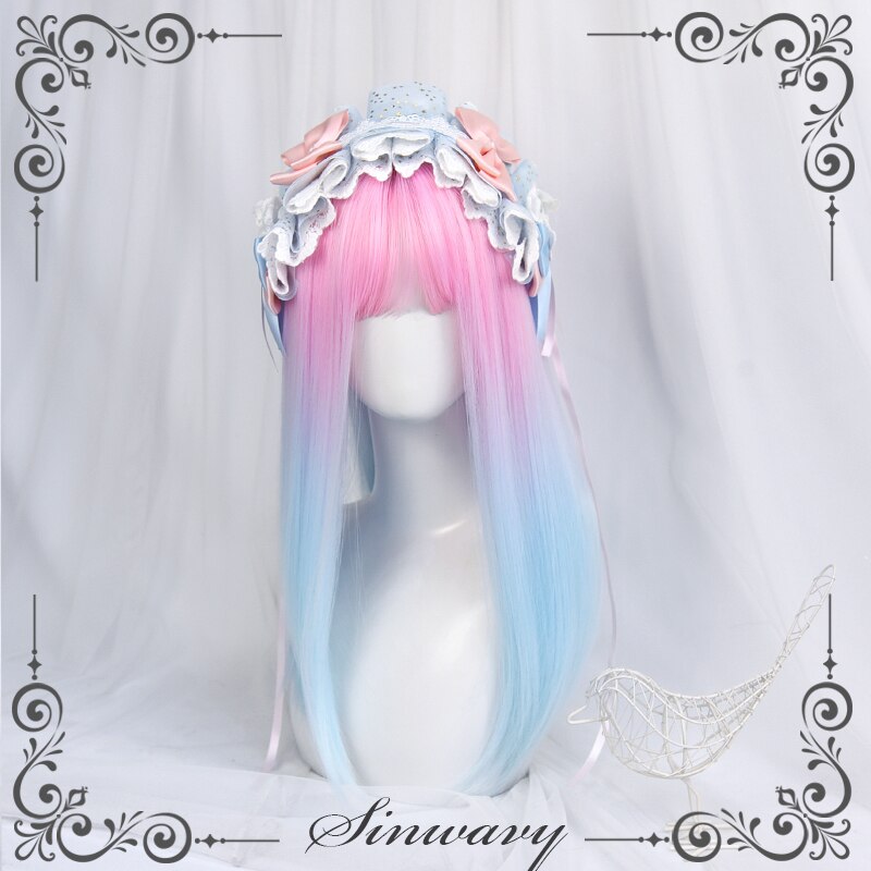 Gradient Pink Blue Lolita Wig Creamy Neon Women Harajuku Long Straight Hair Cute Bangs Adult Chic Girls Cosplay Daily Wear