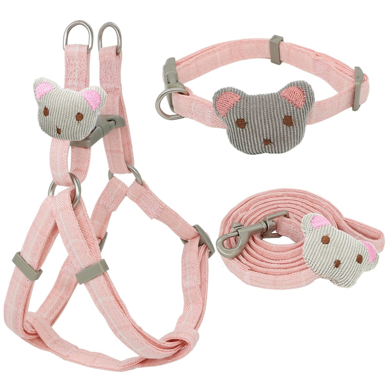 Soft Dog Harness Leash Collar Set Adjustable Cartoons Bear Dog Harness for Small Medium Pets Cat Collar Leash Outdoor Walking