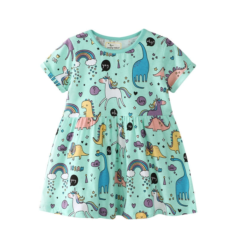 Jumping Meters Summer Cotton Baby Girls Dresses With Dinosaurs Print Pockets Children&