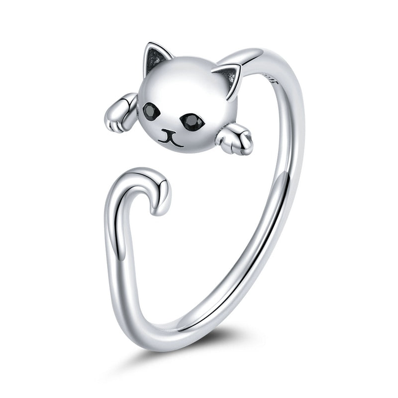 BAMOER 100% 925 Sterling Silver Sticky Cat with Long Tail Finger Ring Women Ring Adjustable Engagement Ring Jewelry SCR220