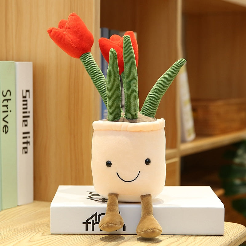 Lifelike Tulip&amp;Succulent Plants Plush Stuffed Decor Toys Soft Bookshelf Decor Doll Creative Potted Flowers Pillow for Girls Gift
