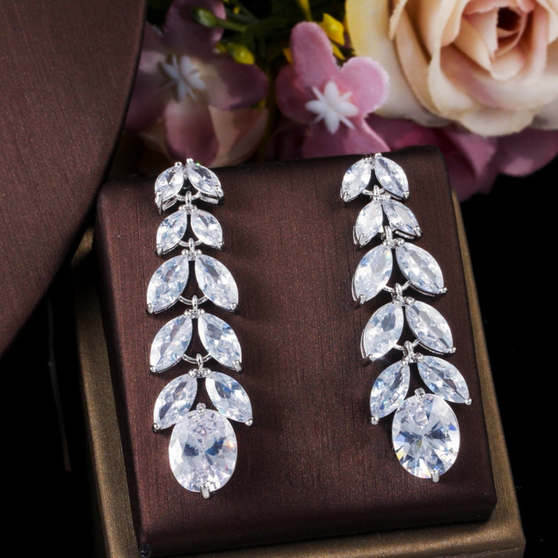 ThreeGraces Elegant Nigerian Leaf Sparkling White Cubic Zirconia Engagement Necklace Drop Earrings Costume Jewelry Sets JS643