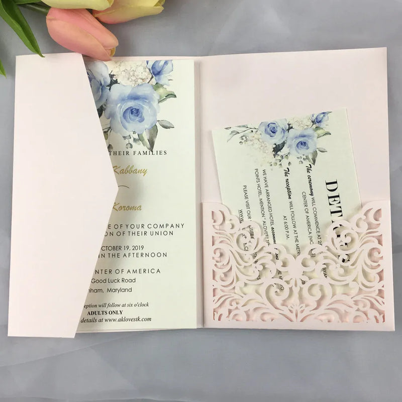 1pcs White Pink dark Purple Light Blue Laser Cut trifold Wedding Invitation Cards Kit Personalized Pocket Invite Customized RSVP