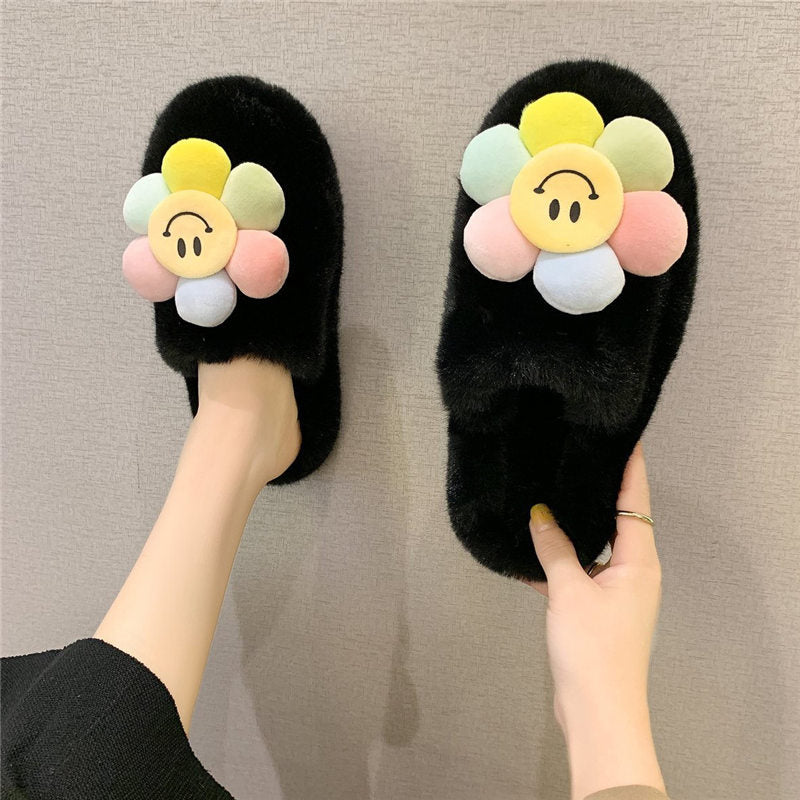 Sun flower Slippers Women Slippers Furry Fluffy Flat Shoes Winter Home Slippers Fashion Comfortable Slip Lazy Thick Fur Slides