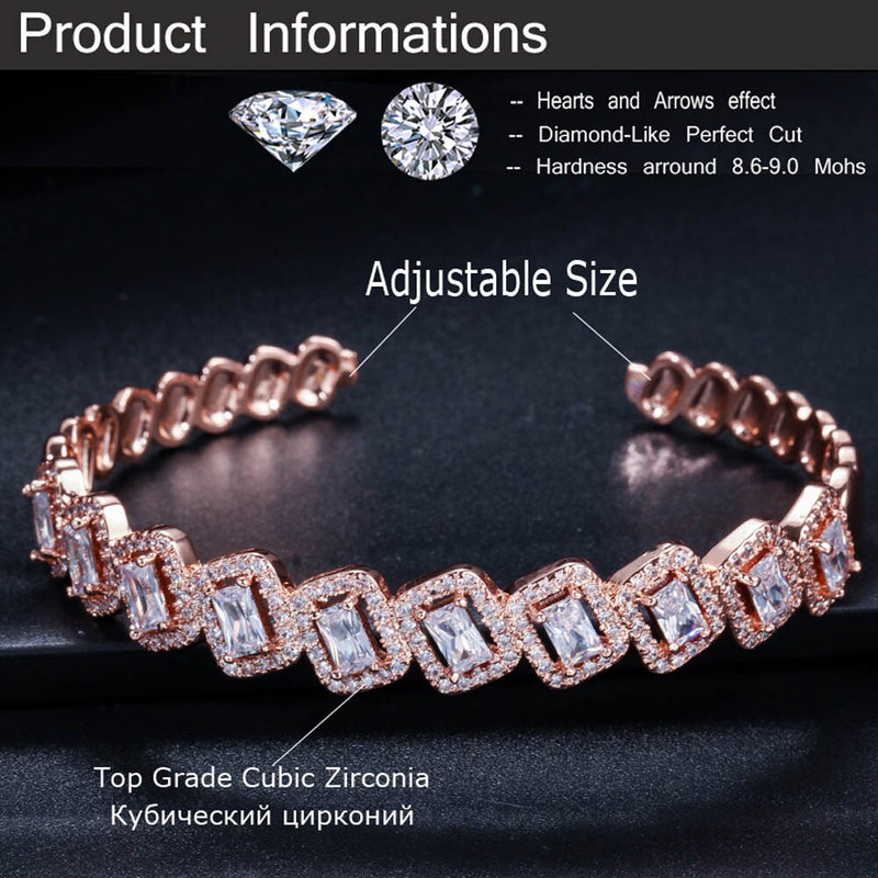 ThreeGraces Fashion Inlay Square Cubic Zirconia Stone Rose Gold Color Open Cuff Bangle Bracelet for Women Jewelry Gift BA021