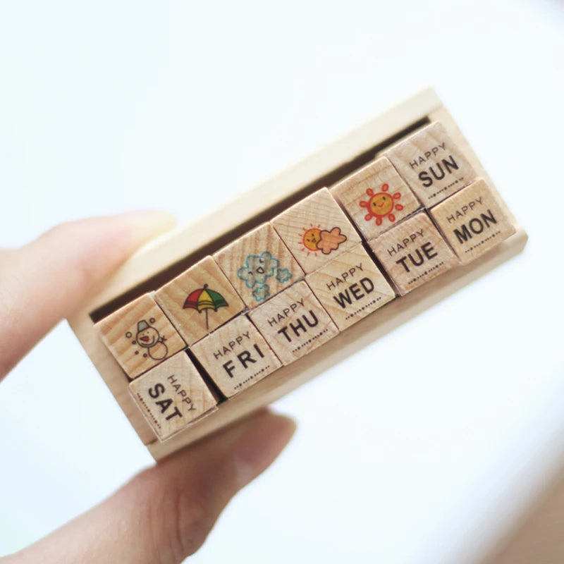 12 Pc/Set Retro Cartoon Wooden Rubber Stamps Small Cute Life Travel Week Heart Rubber Seal Scrapbooking Planner Decorative Stamp