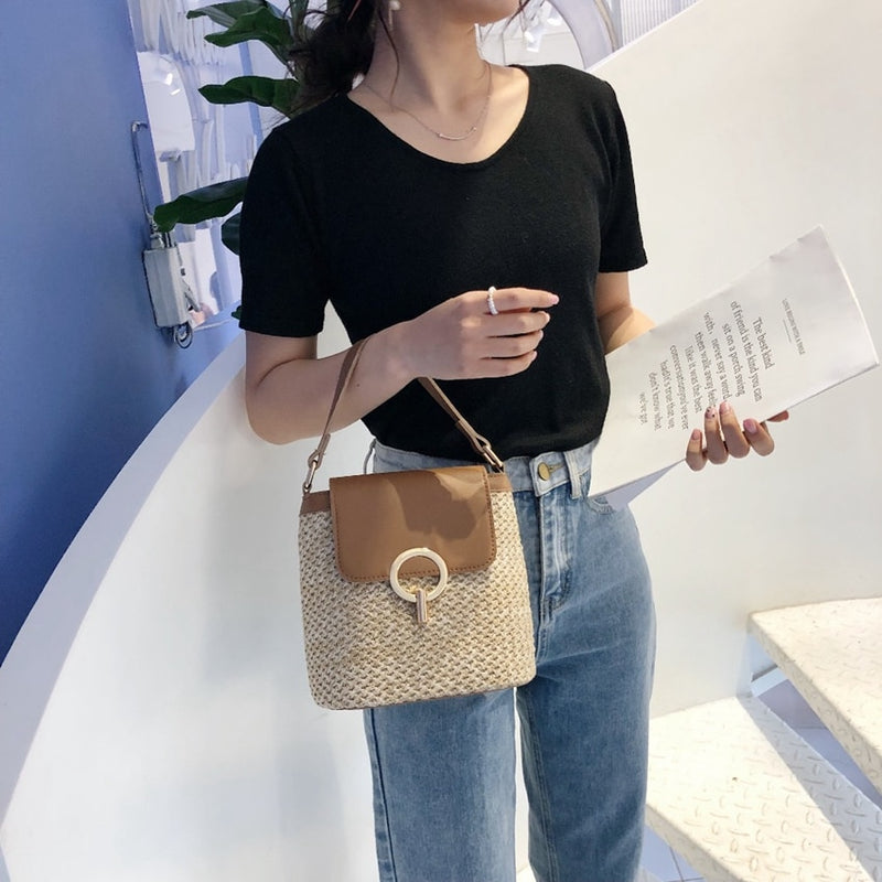 Small Straw Bucket Bags For Women 2020 Summer Crossbody Bags Lady Travel Purses and Handbags Female Shoulder Messenger Bag