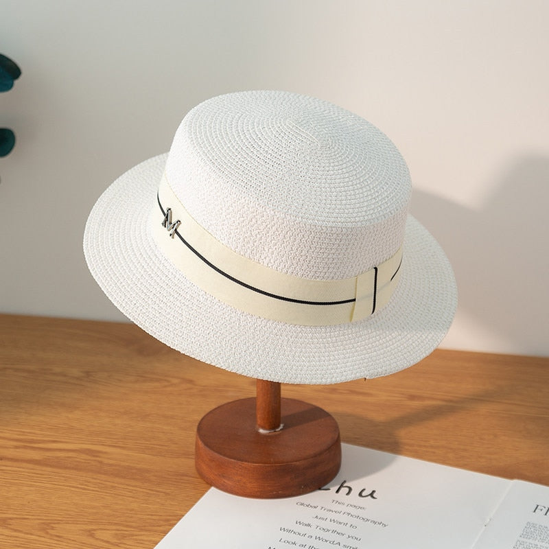 Women Straw Hats Panama Wide Brim Jazz Hat Summer Hat Ladies Sun Hat Simple Flat Top Hat