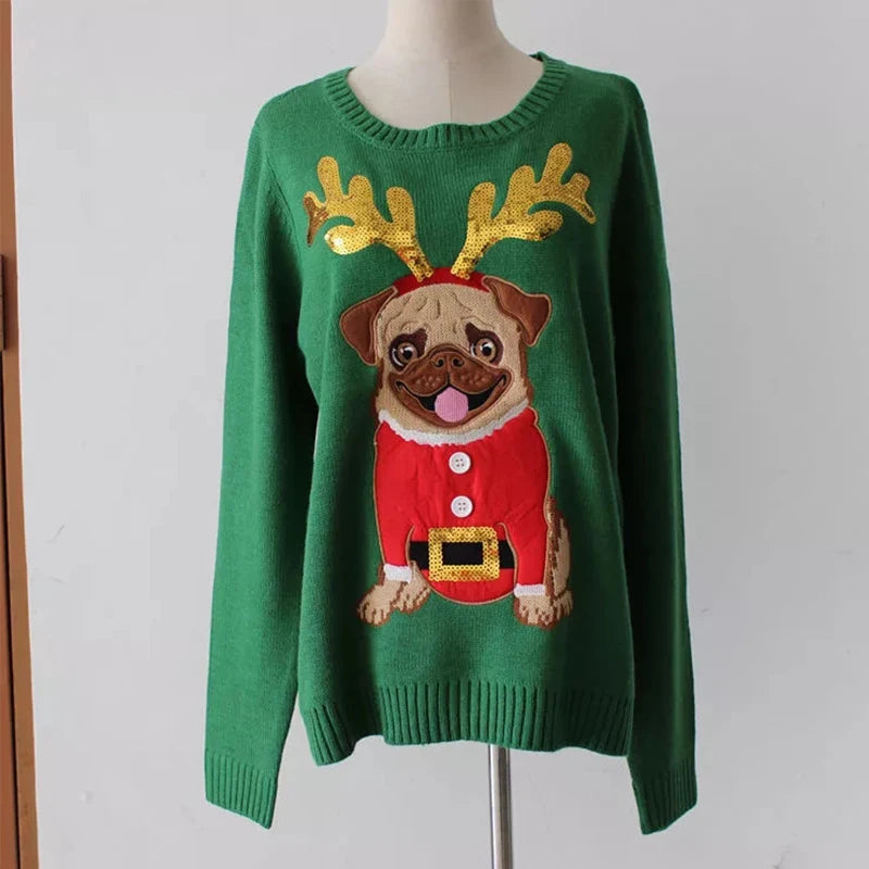 Women Ugly Christmas Sweater Thick Warm Winter Pullovers Loose Pug Dog Embroidery Sequins Full Sleeve Knitted Girl Tops T0N654T