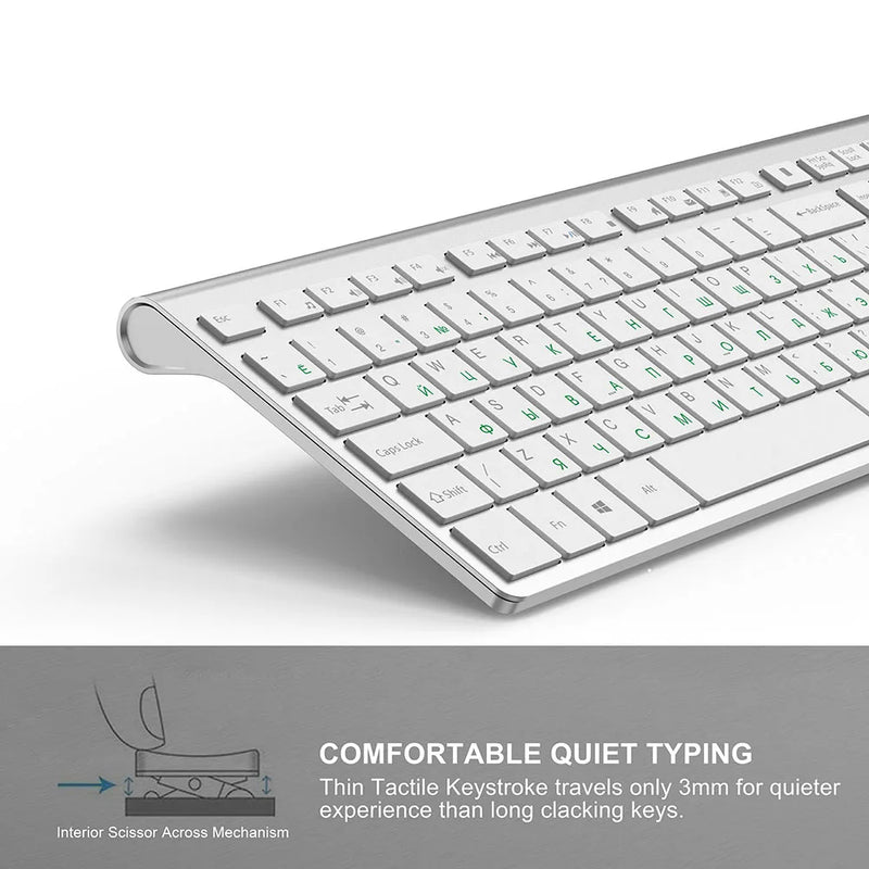 Russian wireless keyboard, ergonomic design, rechargeable mouse, 2400DPI, wireless mute design stable connection,silver white