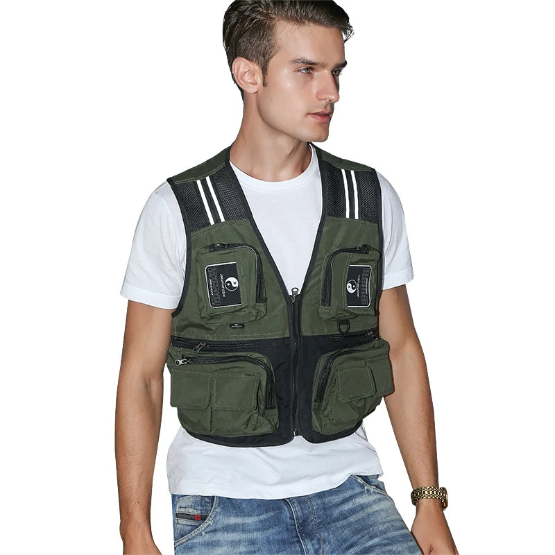 Fonoun Fishing Vest Detachable Multiple Pockets Breathable Grid Mesh Comfortable Wear-Resisting with Reflective Stripe FF63