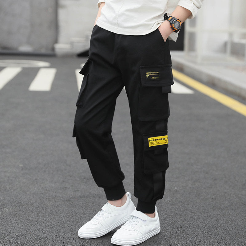 Kids Boy Tape Side Cargo Pants Loose Style Teenager Khaki Black Cargo Pants Classic Kids Sports Trousers for Big Boy 4-13 Years