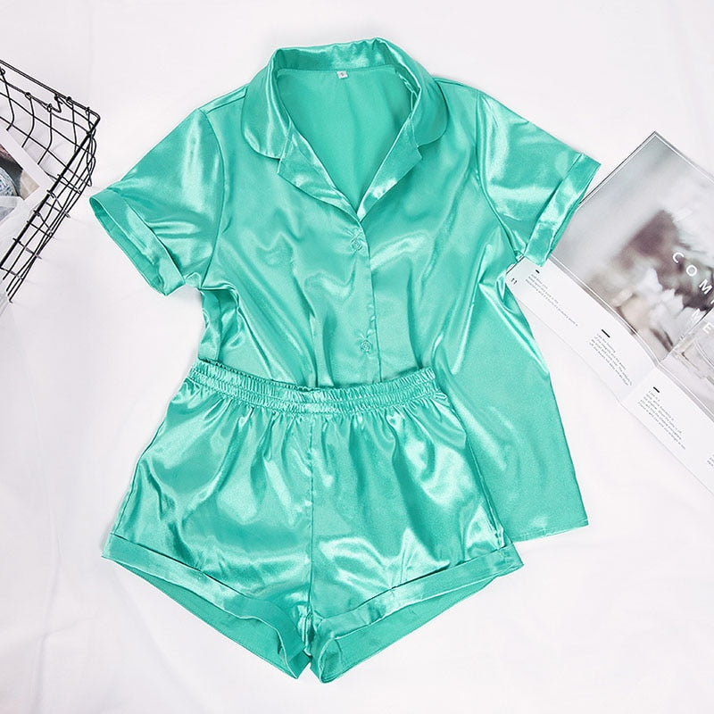 Suphis 5 Colors Satin Nightshirt With Shorts Nightwear Suit Silk Pyjama Short Sleeve Casual Pajama Sets Women Sleepwear Summer