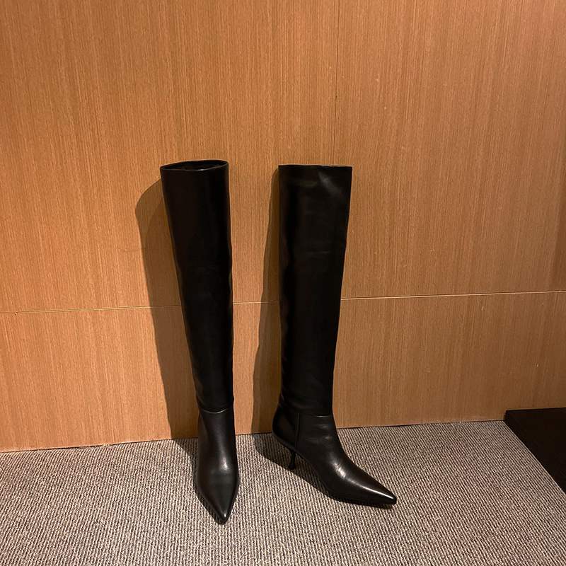 Krazing Pot 2022 Genuine Leather Pointed Toe High Heels Slip on Winter Shoes Nightclub Party Pleated Solid Knee High Boots L85