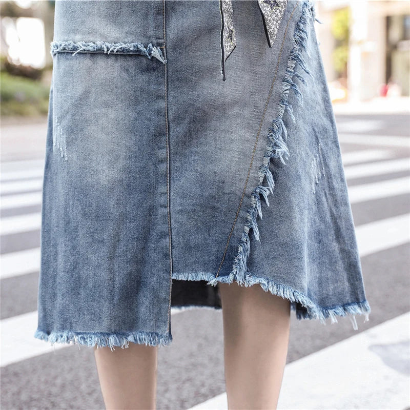 S-5XL Women Denim Skirt Spring Summer 2024 Fashion Casual Medium-long Package hip Irregular hem Slim Waist Skirts Jeans  Female