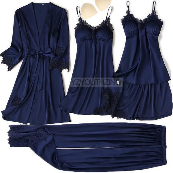 5PCS Robe Suit Satin Women Nightwear Lace Kimono Gown Bridal Wedding Bathrobe Set Sexy Pajamas V-Neck Sleepwear Lounge Lingerie