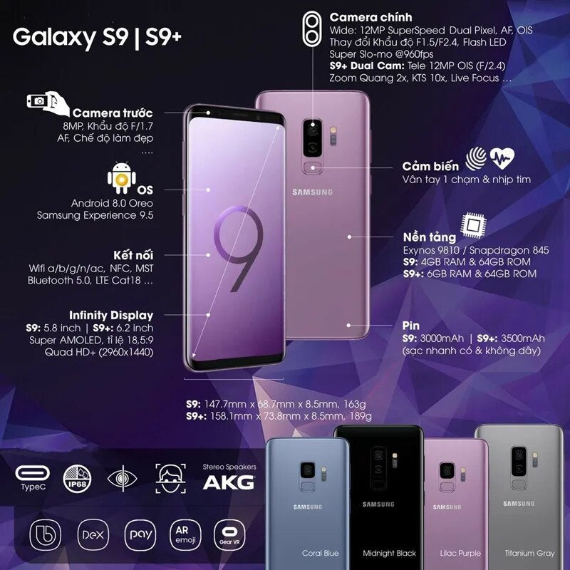 Unlocked Snapdragon 845 Samsung Galaxy S9 G960 Mobile Phone 5.8" 4GB RAM 64GB ROM OctaCore Fingerprint 4G LTE Android Smartphone