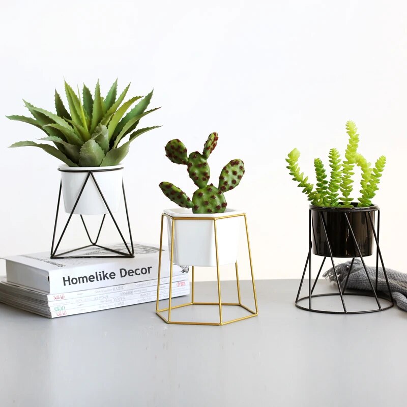 Nordic Geometric Ceramic Planter with Iron Rack Holder Metal Stand Desktop Flower Pot for Succulents Plants Home Garden Decor