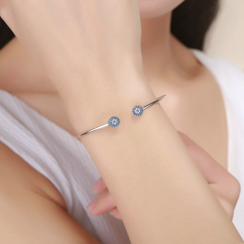 BISAER 925 Sterling Silver Round Lucky Blue Evil Eyes Love Heart Open Cuff Bangles Women &amp; Girl Silver Bracelets Fashion Jewelry