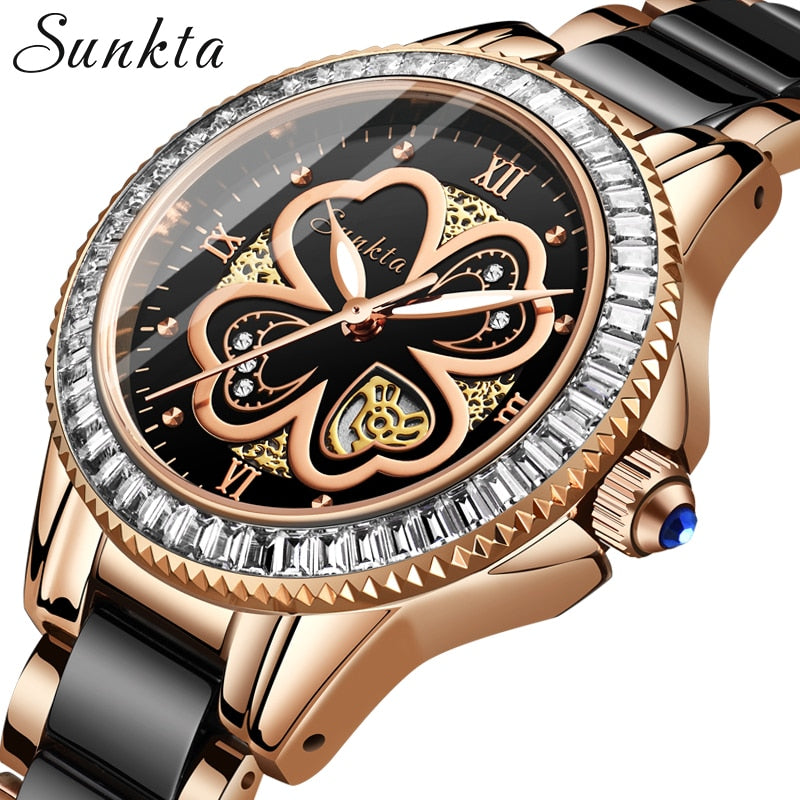 SUNKTA Women Watches Women Dress Fashion Gifts Clocks Luxury Brand Quartz Ceramics Bracelet Wrist Watches For Women Montre Femme