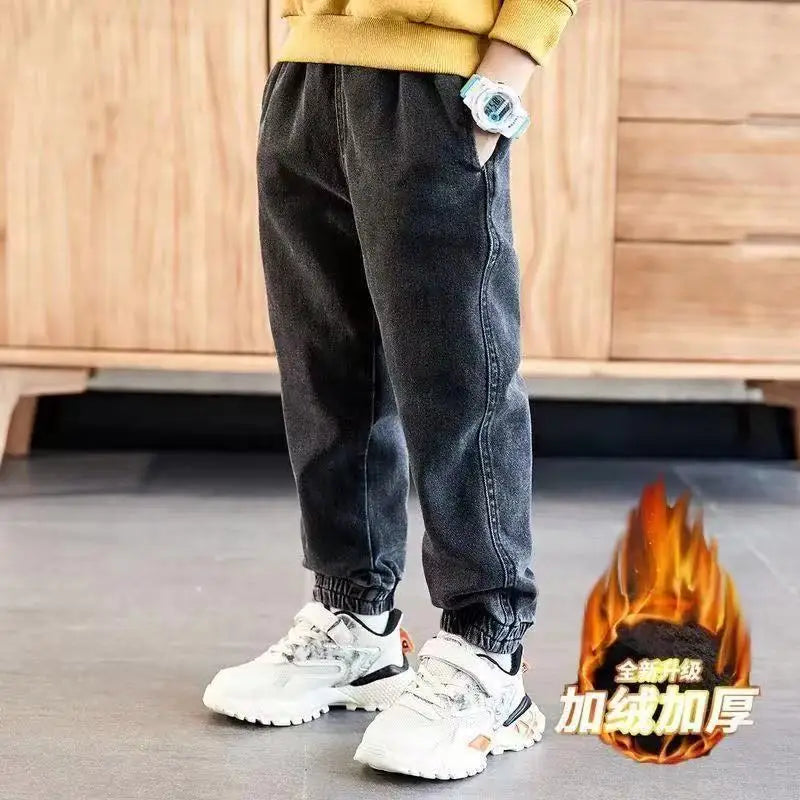 Children's winter jeans plus velvet thickening children's warm casual denim trousers Christmas gifts for boys aged 3-9-12