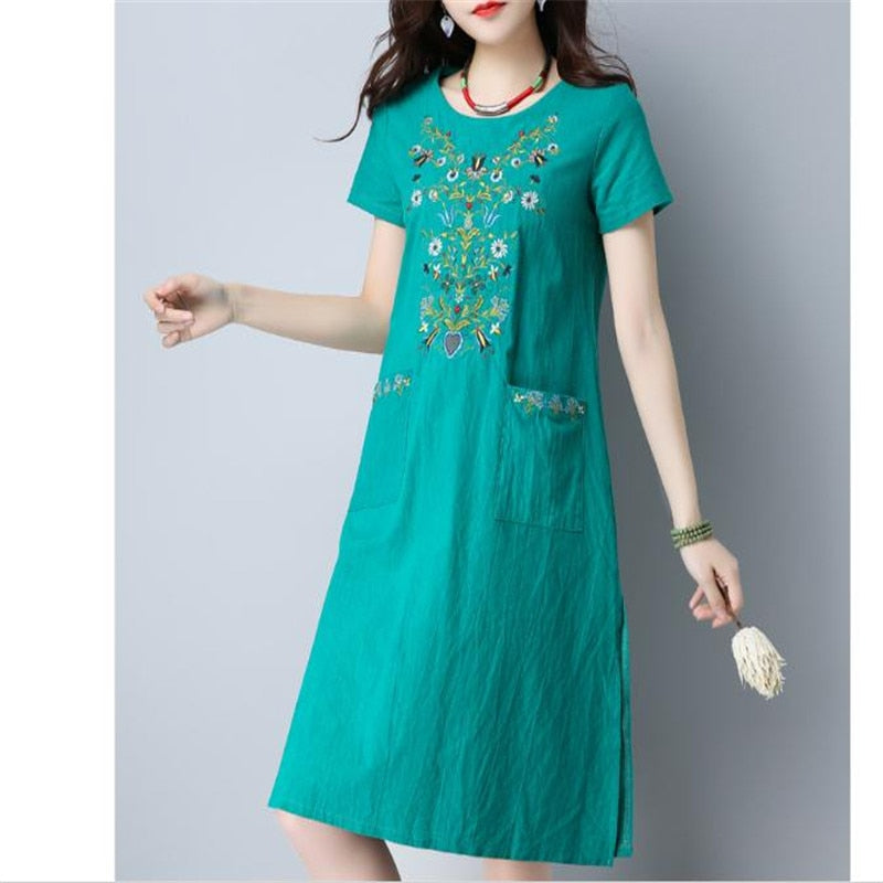 New Arrivals 2020 New summer Dress Women Casual Cotton Linen Round Neck Short Sleeve Loose Print Dress Vestidos