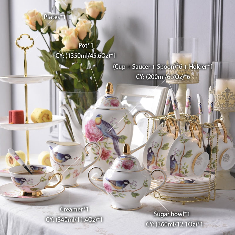 Pastoral Bird Bone China Coffee Set Europe Porcelain Tea Set Ceramic Mug Pot Sugar Bowl Creamer Teapot Coffee Cup Coffeeware